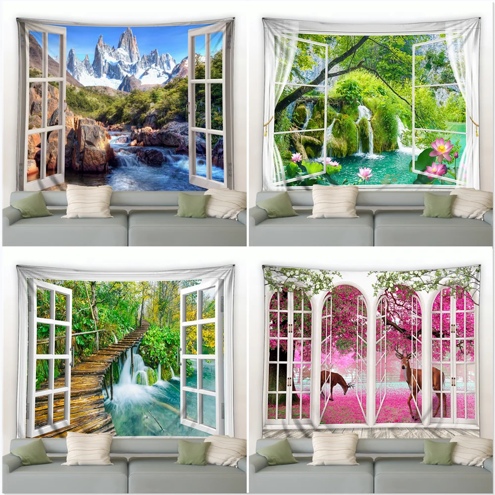 

The Scenery Outside The Window Tapestry Hanging Cloth Art Wall Tapestry Beautiful Forest Waterfall Tapestries Home Decor Blanket