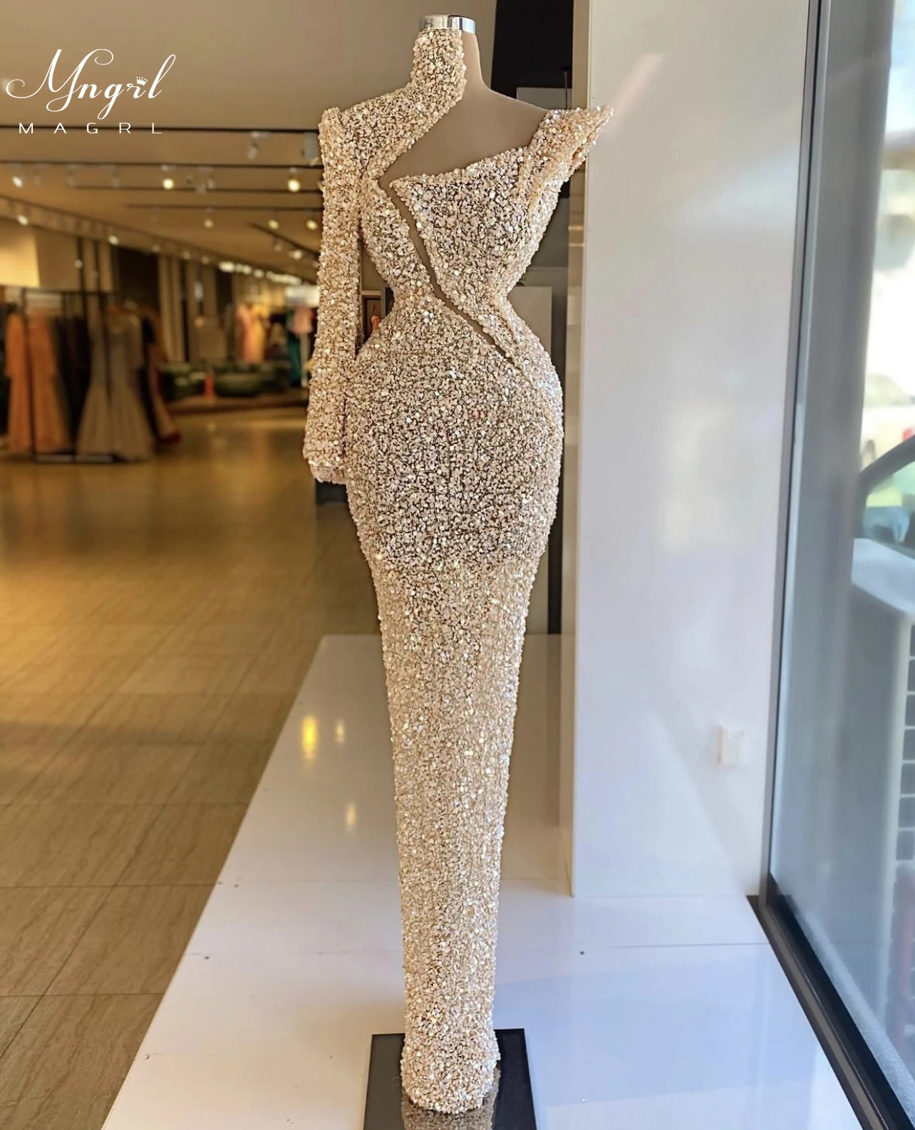 

MNGRL Luxury Evening Dress One-shoulder Long Sleeves Hand-applied Diamonds Glittering 2021 New Evening Dress Party Dress