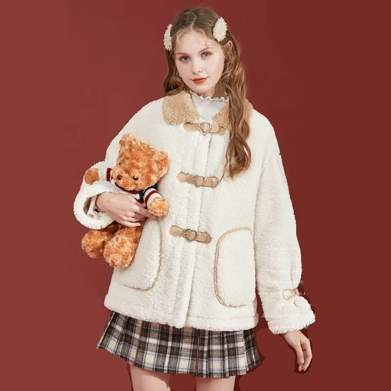 

imitation lamb jacket women lapel collar retro girl winter 2021 new loose student thick coat Harajuku fashion woman clothes
