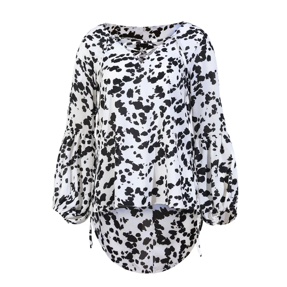 

Ladies New Autumn Cross Strap V-neck Cross-tie Print Irregular Top Women Lantern Sleeve Shirt Tshirt Ladies Slim Fashion T-shirt