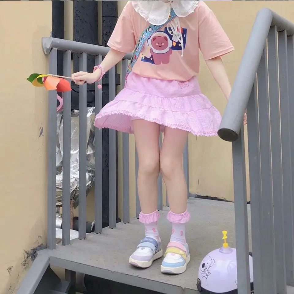 

Summer Japanese Style Girl Skirt Sweet Cute Lace High Waist Embroidery Lotus Leaf Cake Student Korean Fashion Plaid Mini Skirts