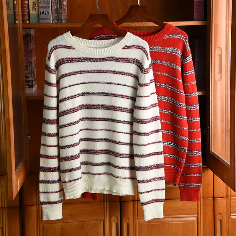 

France style women's high quality cashmere stripe Sweaters 2021 Spring fashion brand new design loose pullovers sweater B675