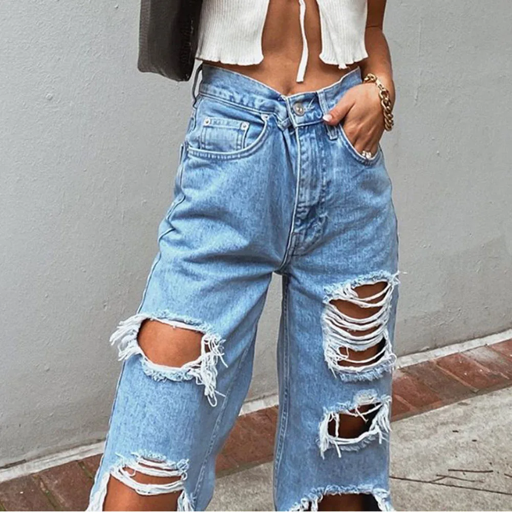 Womens Ripped Loose Fit Jeans Wide Leg For Women High Waist Blue Wash Casual Cotton Denim Trousers Summer Baggy Jean Pants 6281