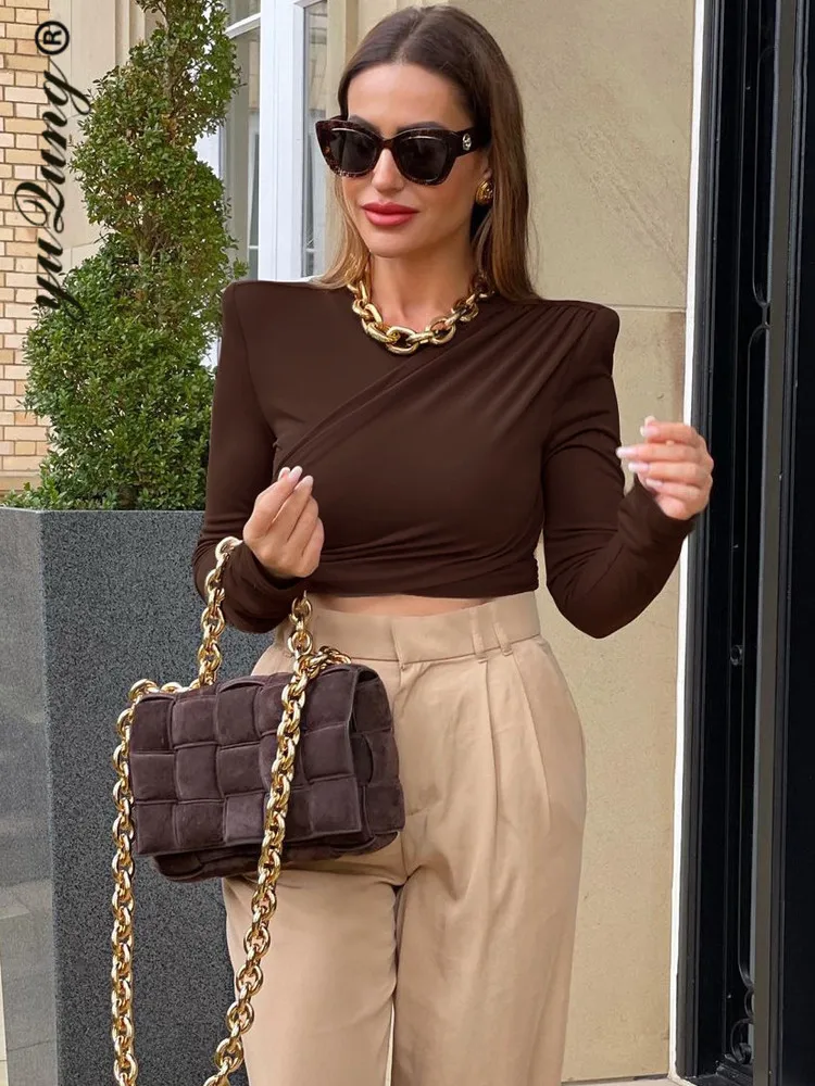 Long Sleeve Shoulder Pad Crop Top Women 2021 Brown Cotton Sexy Ruched T Shirts Autumn Black Streetwear Fashion Tee Tshirt Yuqung | Женская