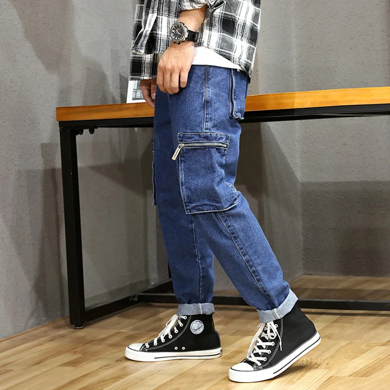 

Japanese Fashion Men Jeans Vintage Designer Loose Fit Multi Pockets Denim Cargo Pants Streetwear Hip Hop Harem Baggy Trousers