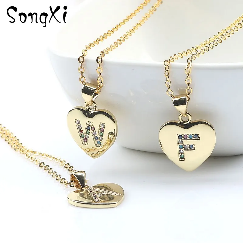 Women Girls Initial Letter Heart Shape Necklace Gold Color 26 Letters Necklaces Pendants Copper CZ Alphabet Jewelry | Украшения и
