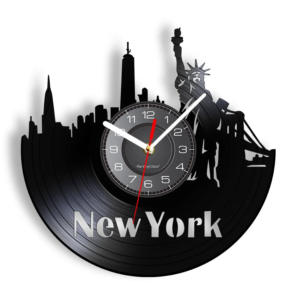New York Skyline Vinyl Album Record Wall Clock NY City In America Artwork Statue of Liberty Shadow Art Silent Move USA Souvenirs