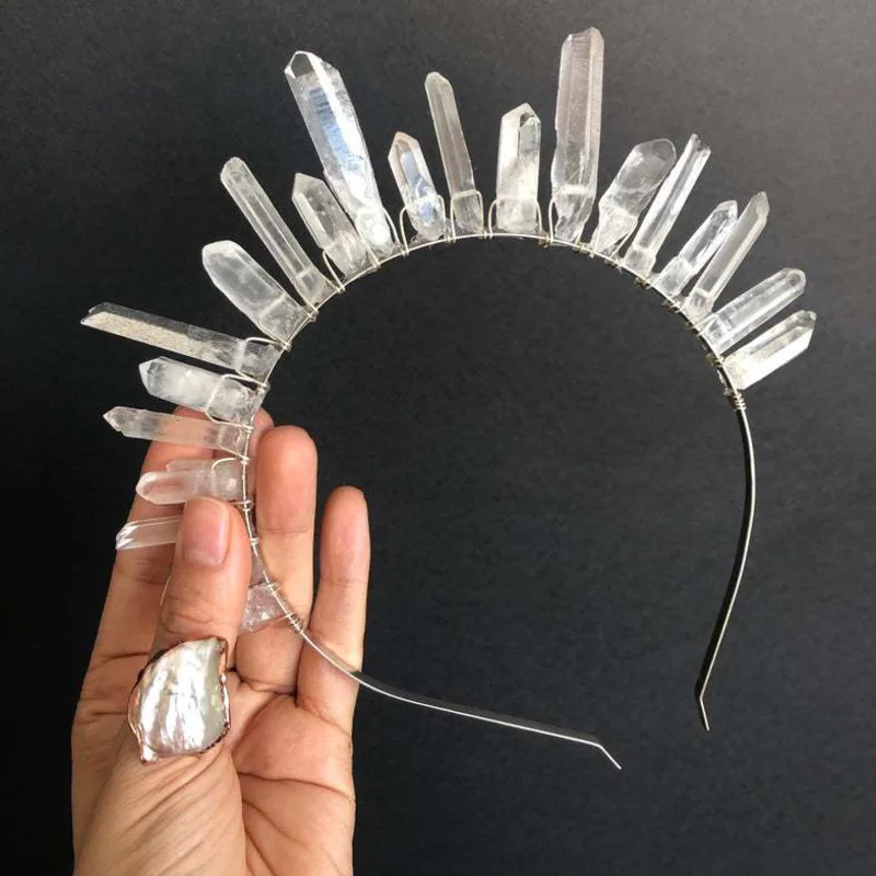 

Short Spiked Crystal Halo Crown Raw Clear Quartzs Moon Child Goddess Crown Headpiece Quartz Tiara Bridal Headband