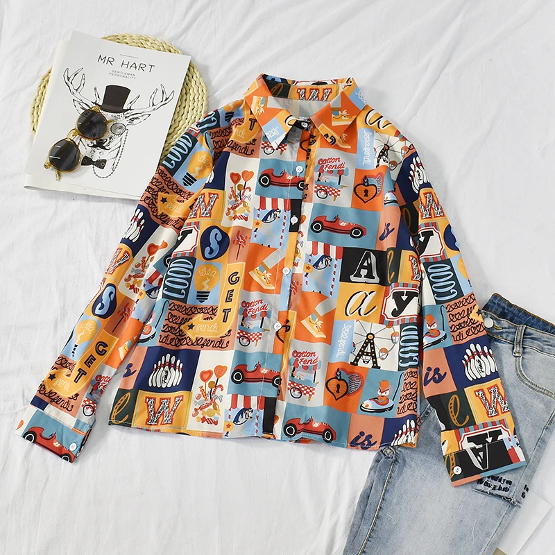 

spring autumn new Korean Women Clothing fashion brand Blouses female hipster hip hop style long sleeve print loose casual shirts