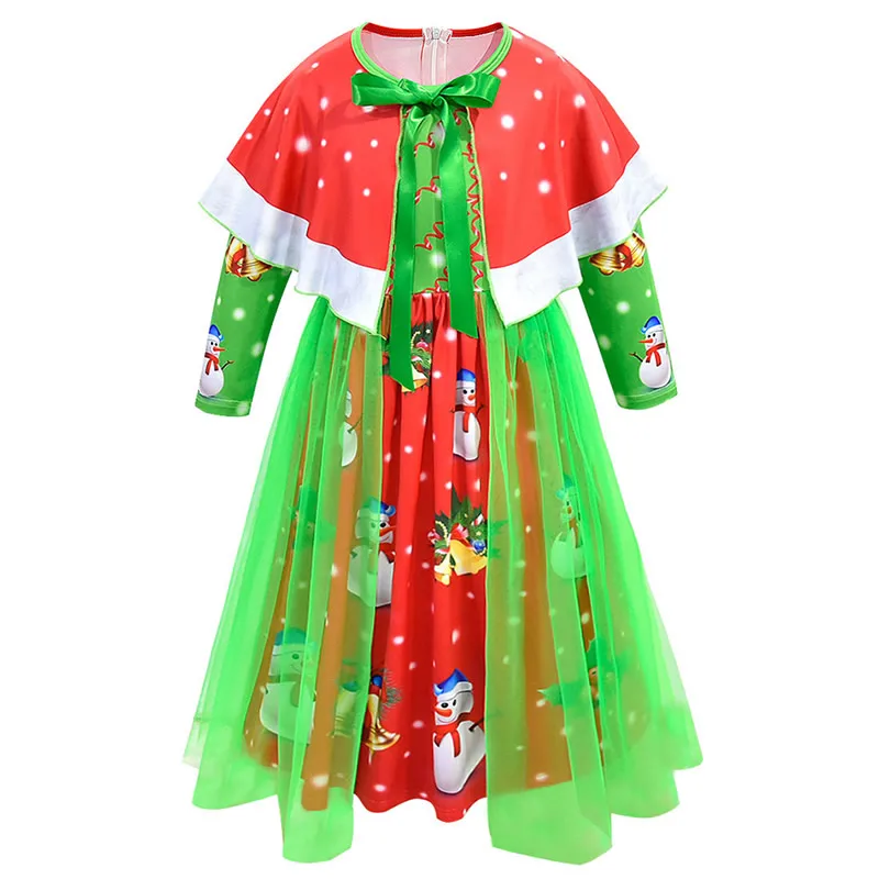 Kids Christmas Party Dress For Girl Lace Bow Ball Gown Chidlren Green Red New Year Costumes Santa Claus Print Theme | Детская одежда и
