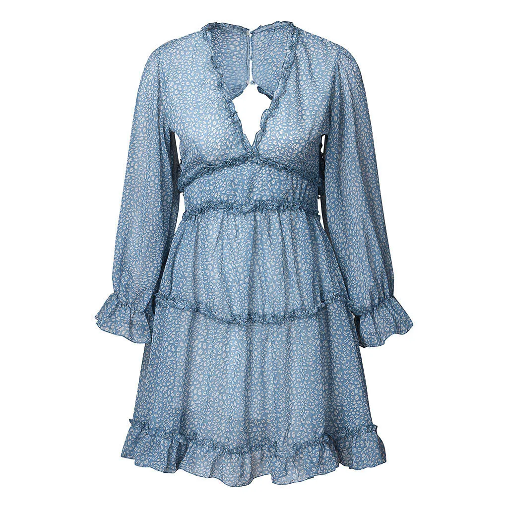 Сексуальное женское осенне-зимнее платье Chiffion Ruffles с длинным рукавом глубокий v-образный вырез вечерние облегающие тонкие одноцветные мини-платья Vestidos# g3