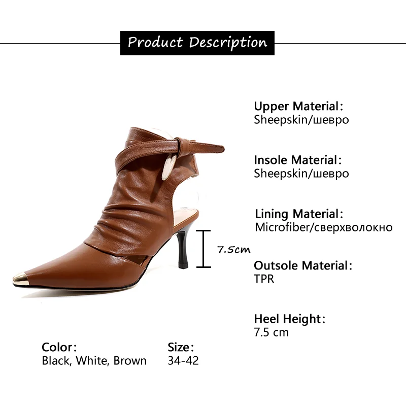 

FANAN Genuine Leather Women White Ankle Boots Sexy Pointed Metal Toe High Heel Boots Cross-Tied Black Brown Shoes Woman 2020