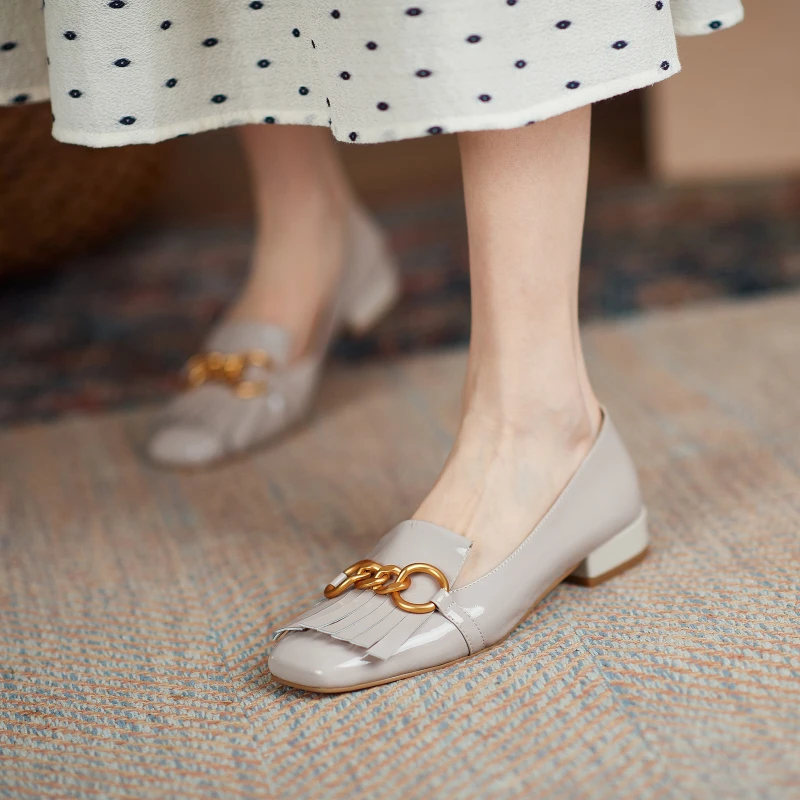 

Vintage Square Toe Ladies Shoes Chunky low Heels Women shoes Natural Genuine Leather Thick Heel Loafers Shoes Casual