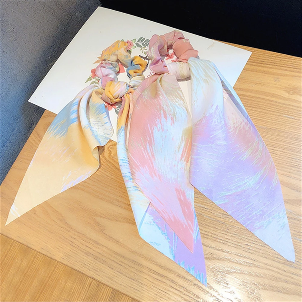 

New Chiffon Ribbon Silk Wispy Floral Bow Hair Scrunchies Women Hair Tie Rope Rubber Bands Ponytail Holder Hair Accessories