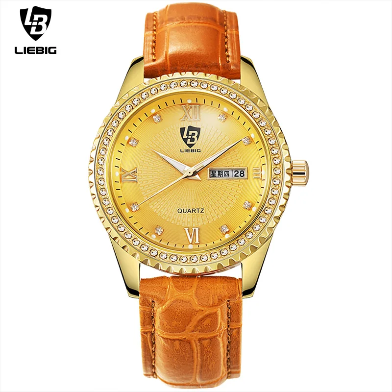 Gold light brown LIEBIG, кварцевые часы для мужчин s, светящиеся часы, наручные часы для мужчин, элегантные часы с бриллиантами, мужские часы с кожаным ремешком, мужские часы L1001 - Цвет: Gold light brown
