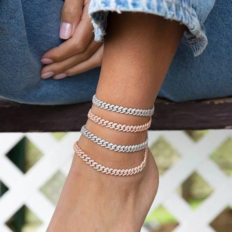 

Hip Hop Iced Out Sparking Bling Cubic Zirconia Paved 6.5mm Miami Curb Cuban Link Chain Leg Anklet For Women Girl Fashion Jewelry