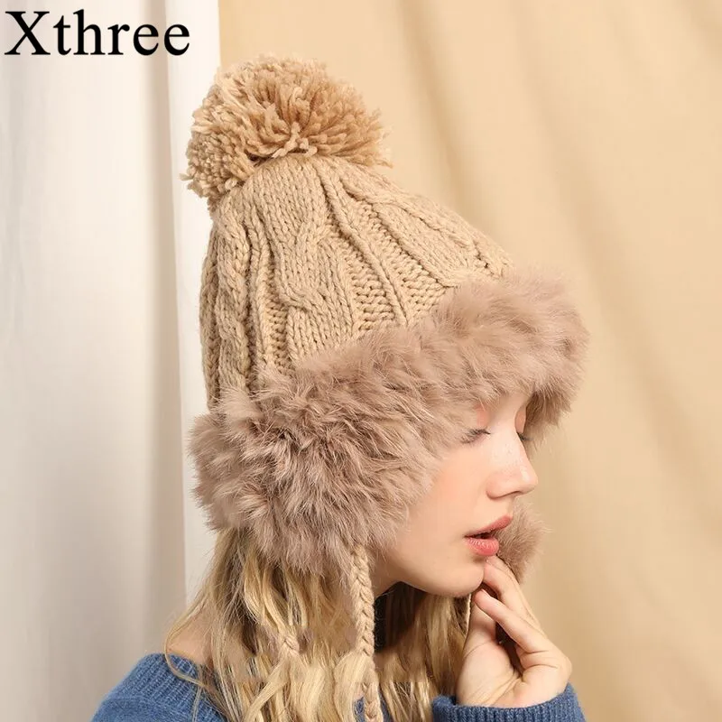 

Xthree, вязаные зимние шапки-ушанки, женская шапка-бомбер из кроличьего меха, шапка-ушанка, Повседневная зимняя шапка-трапеция, женские русские...