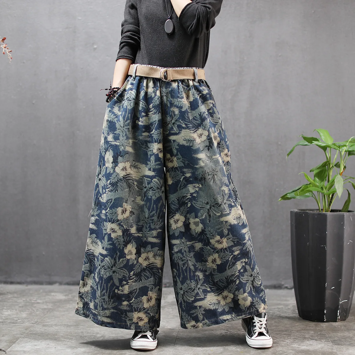 Женские винтажные джинсы эластичные широкие брюки с высокой талией и цветочным