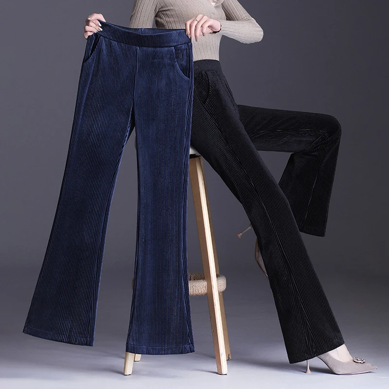 

HI-FASHION Women Elegant Black Pants Elastic Waist Streetwear 2021 Autumn Winter Casual Full Length Trousers Corduroy Pantalones