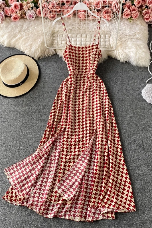 

Summer women's bird lattice spaghetti strap Maxi dress fashion sexy sleeveless slit leg dress elegant Party Beach Holiday Dress