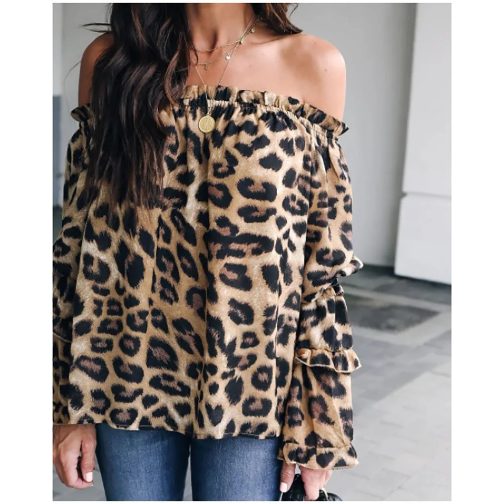 

Summer Explosion Flare Sleeve Loose Off Shoulder Slotted Collar Leopard Chiffon Shirt Top