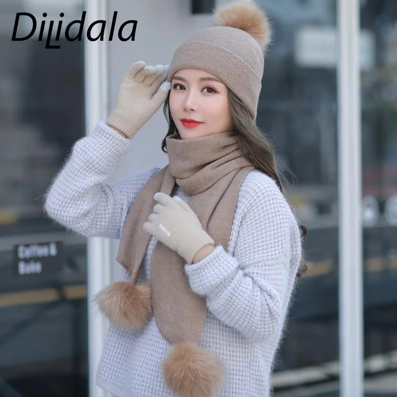 Dilidala Hat Scarf Gloves Winter Woman Thickened Double Wool Fashion Wild Warm &amp Glove Sets For Women |