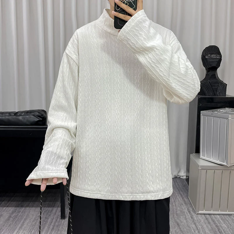 

Jacquard Pullover Casual Knitted Sweater Long-sleeved Solid Semi-high Neck Trendy Top Men Clothes Loose Autumn Winter Plus Size