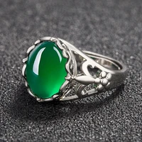 2021 new fashion silver temperament inlaid green chalcedony gemstone adjustable retro palace ring women mother gift fine jewelry