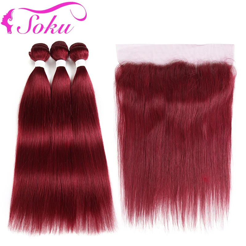 Burgundy Red Color Bundles With Frontal 13x4 SOKU Brazilian Straight Human Hair Weave Bundles 3/4PCS Non-Remy Hair Extension