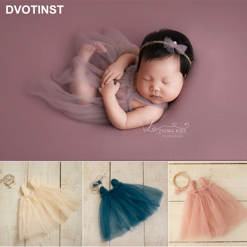 Dvotinst Newborn Photography Props Baby Outfits Set Mesh Dress Headband 2pcs Fotografia Accessories Studio Shooting Photo Props