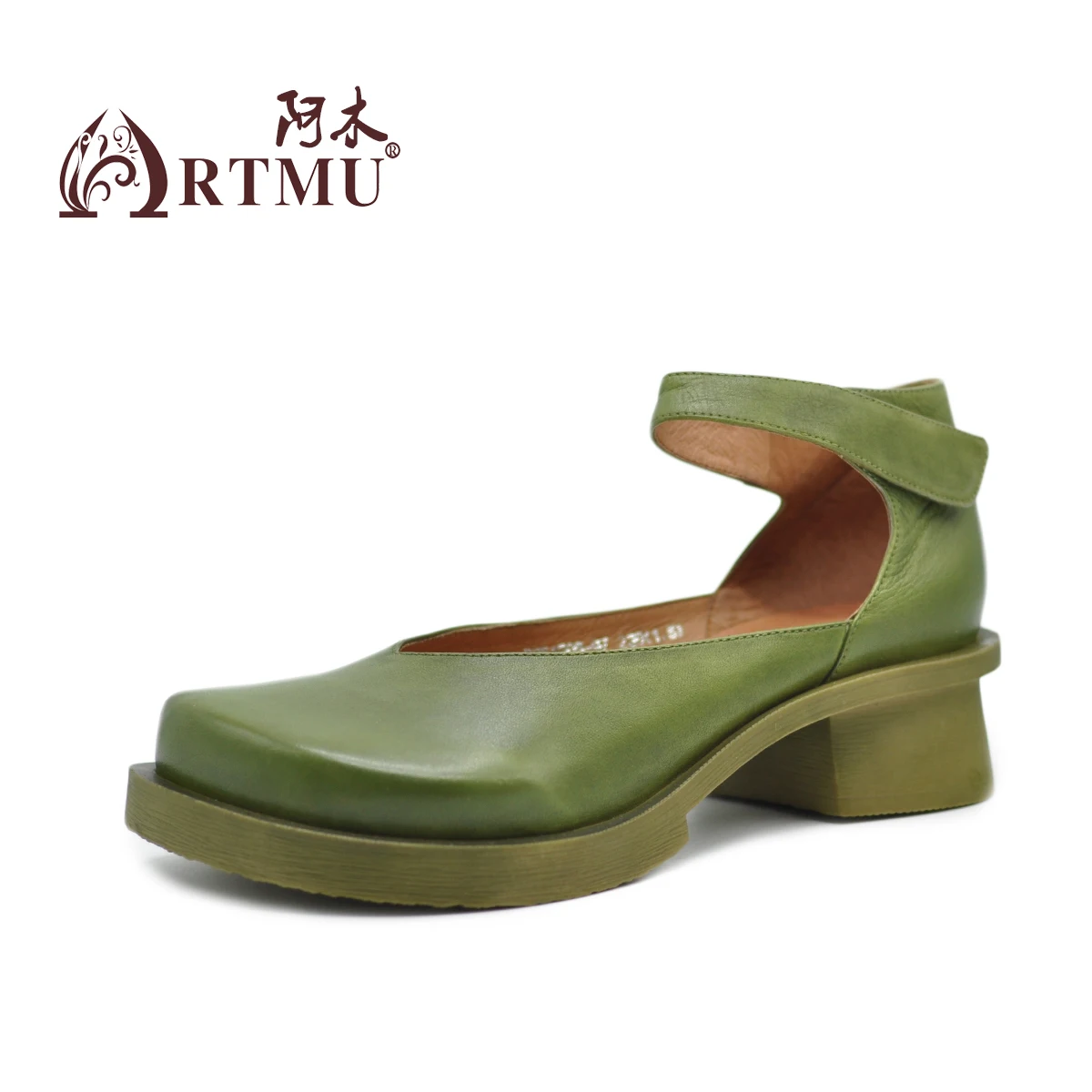 

Artmu Original Genuine Leather Thick Heel Mary Jane Shoes Women Handmade Shoes Hook Loop Green Shoes Fashion New Design