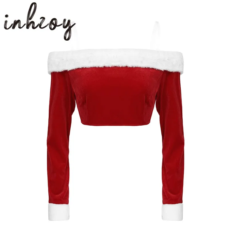 

Women Xmas Clothes Red Velvet Off the Shoulder Long Sleeve Sexy Crop Top Festival Rave Mrs Claus Cosplay Party Christmas Costume