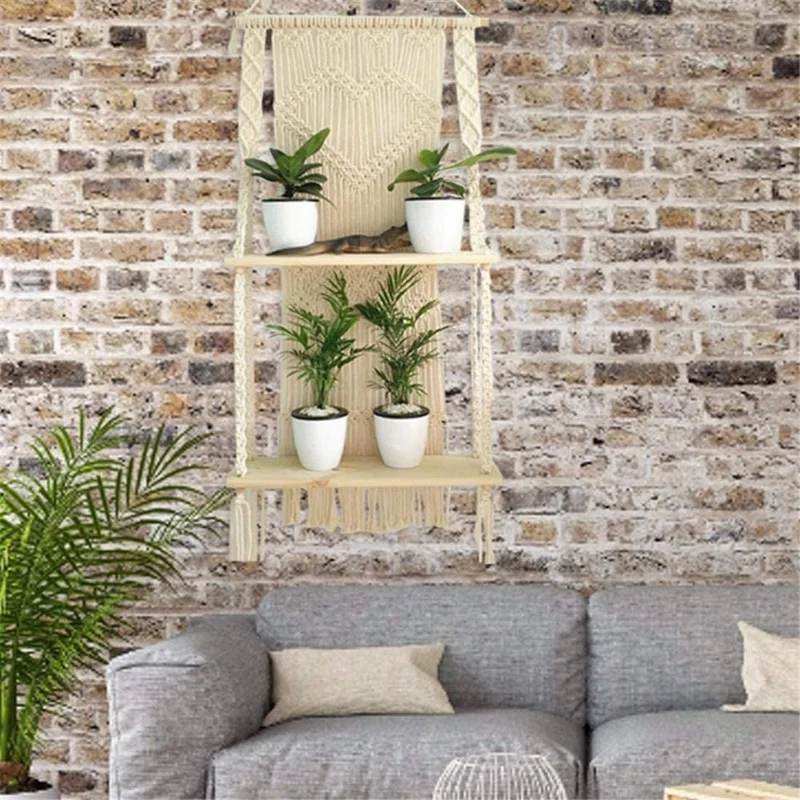 

Wall Hanging Rack,Double Wooden Plant Rack,Swing Rope Floating Rack,Handmade Bohemian Home Wall Decoration,Balcony,Shop