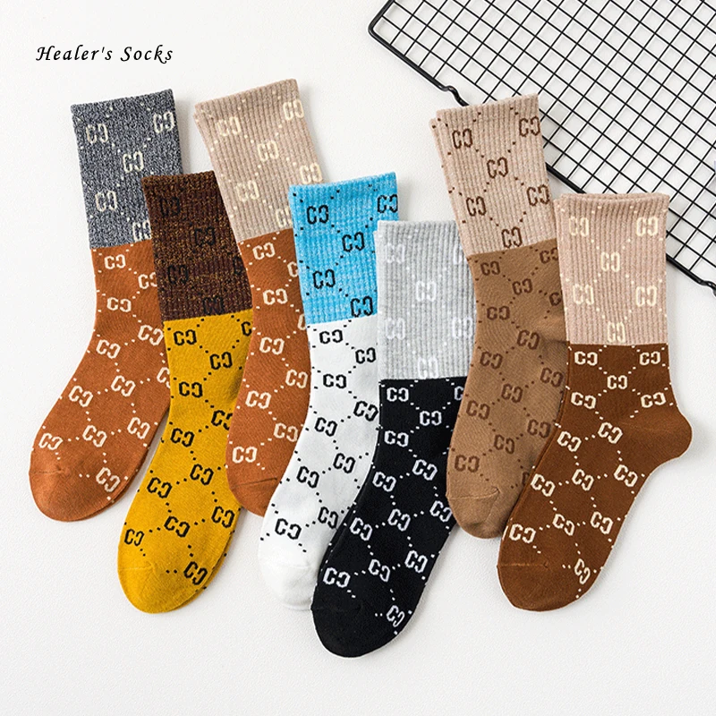 

New Streetwear Retro Letter CC Women Socks Cotton Harajuku Fashion INS Stitching Color Funny Home Kawaii Happy Soft Female Socks