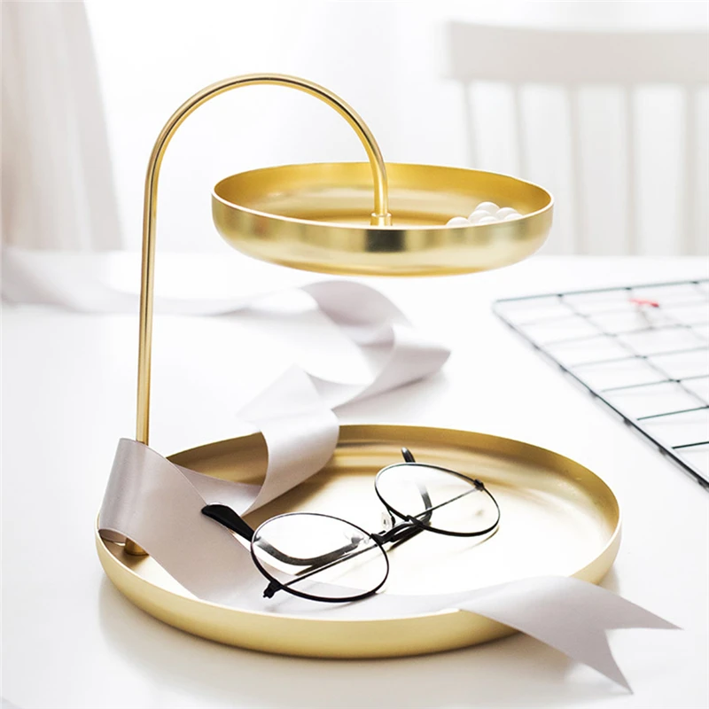 

Double Layer Metal Storage Tray Jewelry Display Plate Gold Necklace Ring Earrings Display Tray Mirror Decoration Organizer