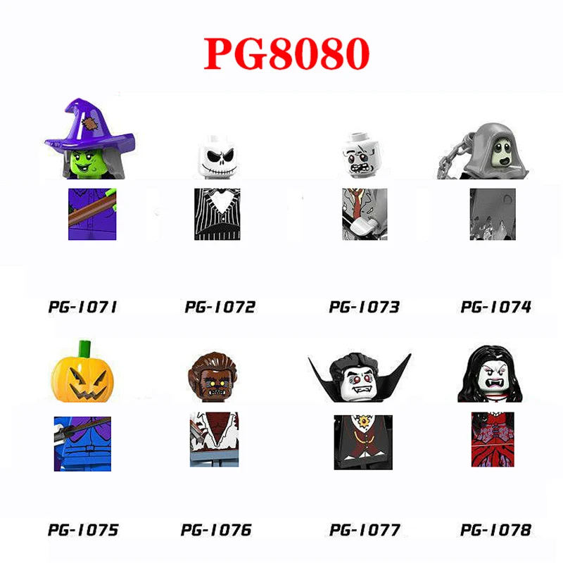 

Halloween Pumpkin Skeleton Clown Witch Horror Figures Friends Building Blocks City Accessories Bricks Compatible Kits Toy PG8080