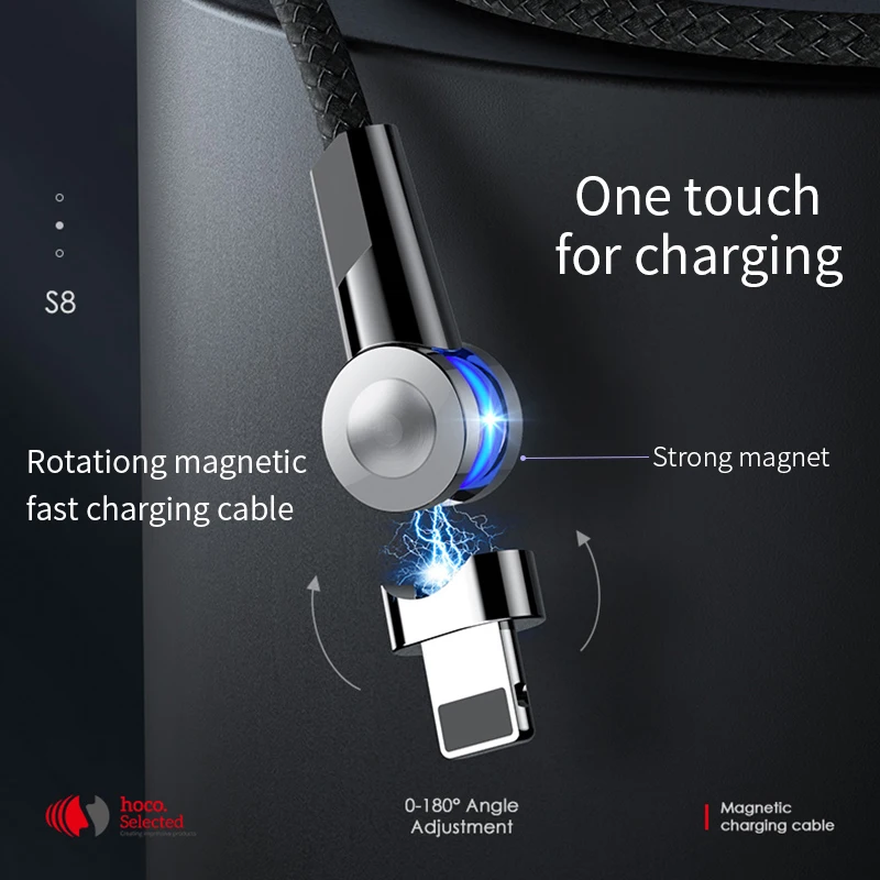 HOCO 180 градусов вращающийся магнитный кабель 3A Быстрая зарядка Micro usb type C кабель светодиодный провод для Apple iPhone samsung Xiaomi huawei