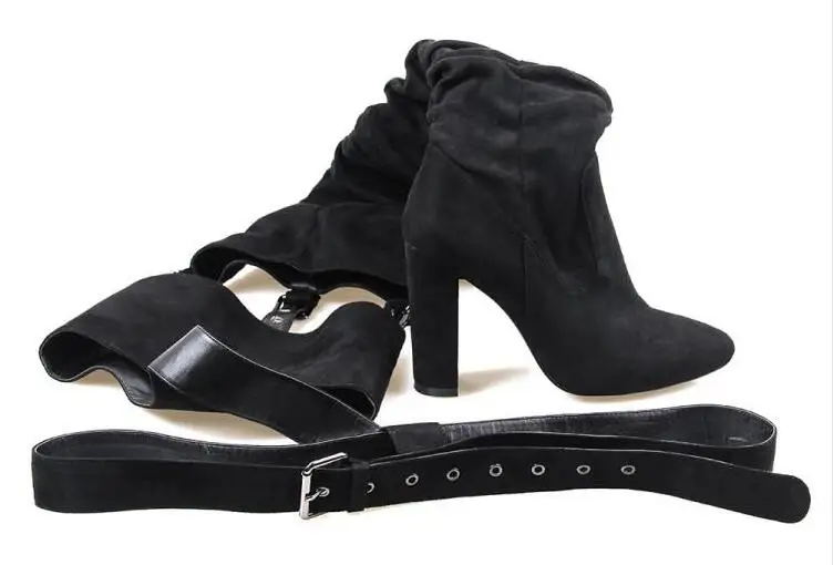 Red Yellow Black Suede Woman Pointed Toe Over The Knee Buckles Sexy Pants Belts Boots High Heel Square Toe Long Boots Lady