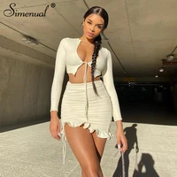 simenual ruffles ruched drawstring club women matching sets long sleeve sexy party skinny v neck top and skirts 2 piece outfits
