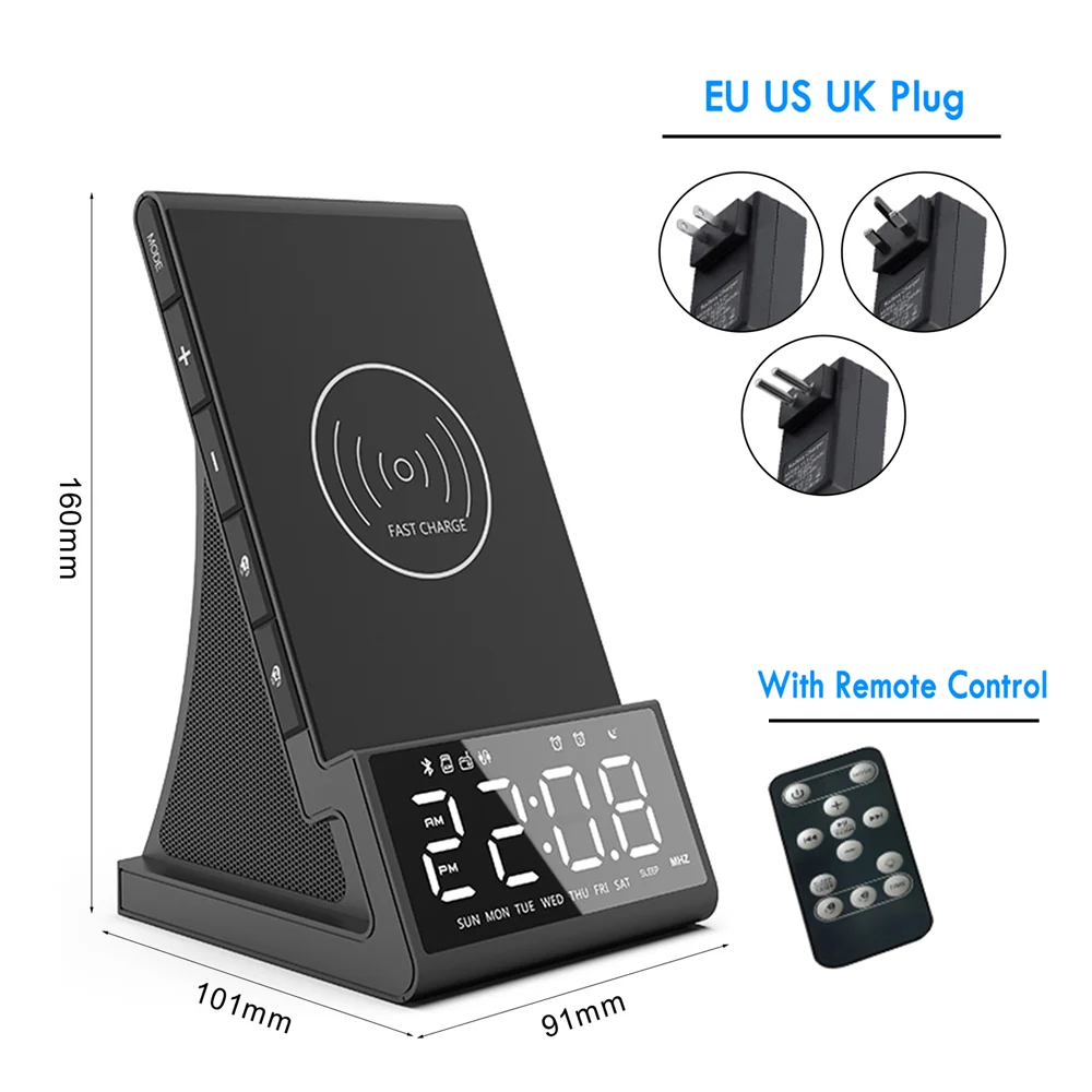 3 in 1 Multi-purpose Wireless Charger Alarm Clock Bluetooth Speaker LED Smart Digital Clock Table Desktop FM Radio Fast Charger