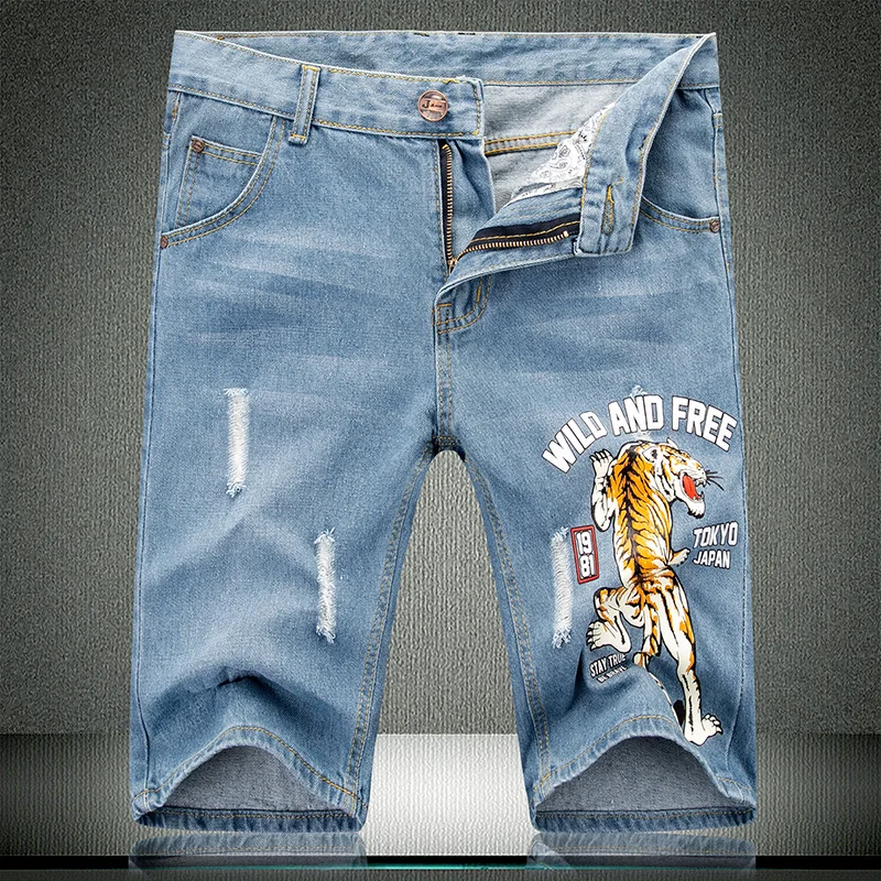 Мужские прямые джинсы до колена синие однотонные шорты из хлопка с принтом тигра