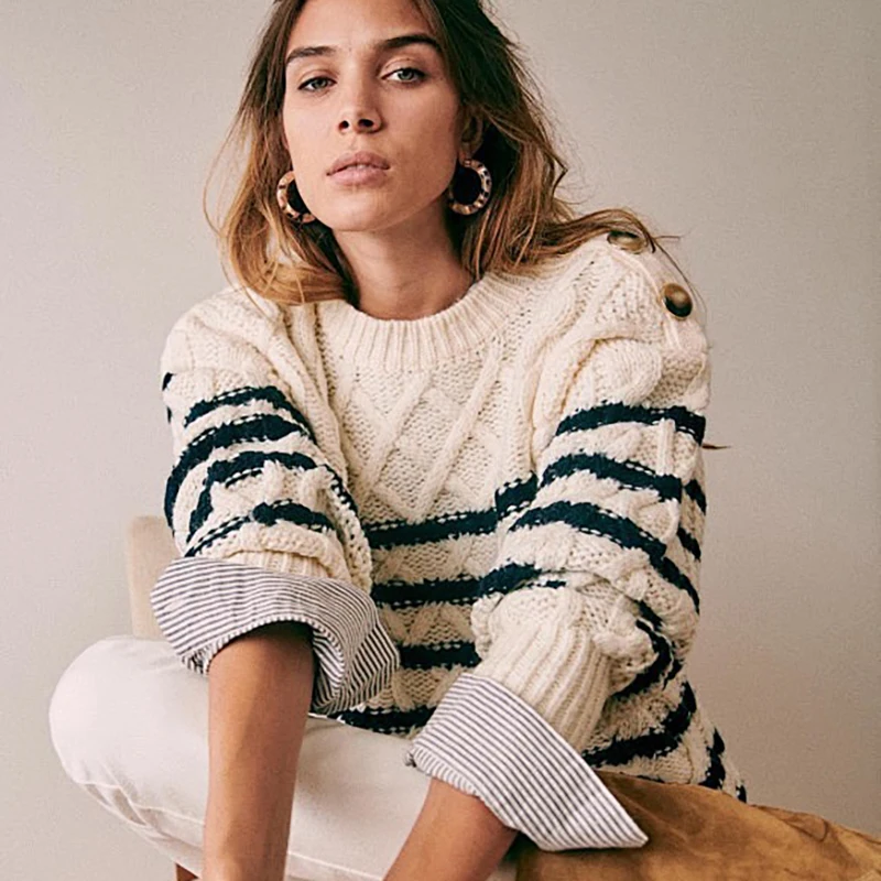

Ruelen Elegant Stripe Knitting Sweater Women 2021 Winter Round Neck Stitching Shoulder Button Long-sleeved Sweater Women