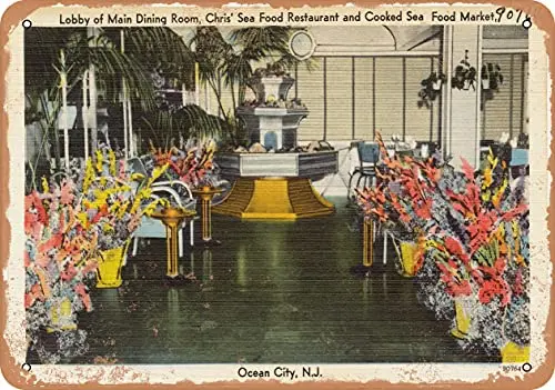 

Metal Sign New Jersey Postcard - Lobby of Main Dining Room, Chris' Sea Food Restaurant and Cooked Sea F - Vintage Rusty Look