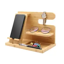 Multifunction Wooden Phone Stand, Natural Bamboo / Pine Smartphone Docking Station Hooks Key Watch Holder Organizer Storage
