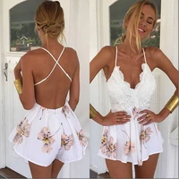 2019 newest hot women dress backless ladies club wear bodycon party romper bodysuit lace patchwork floral print white sling