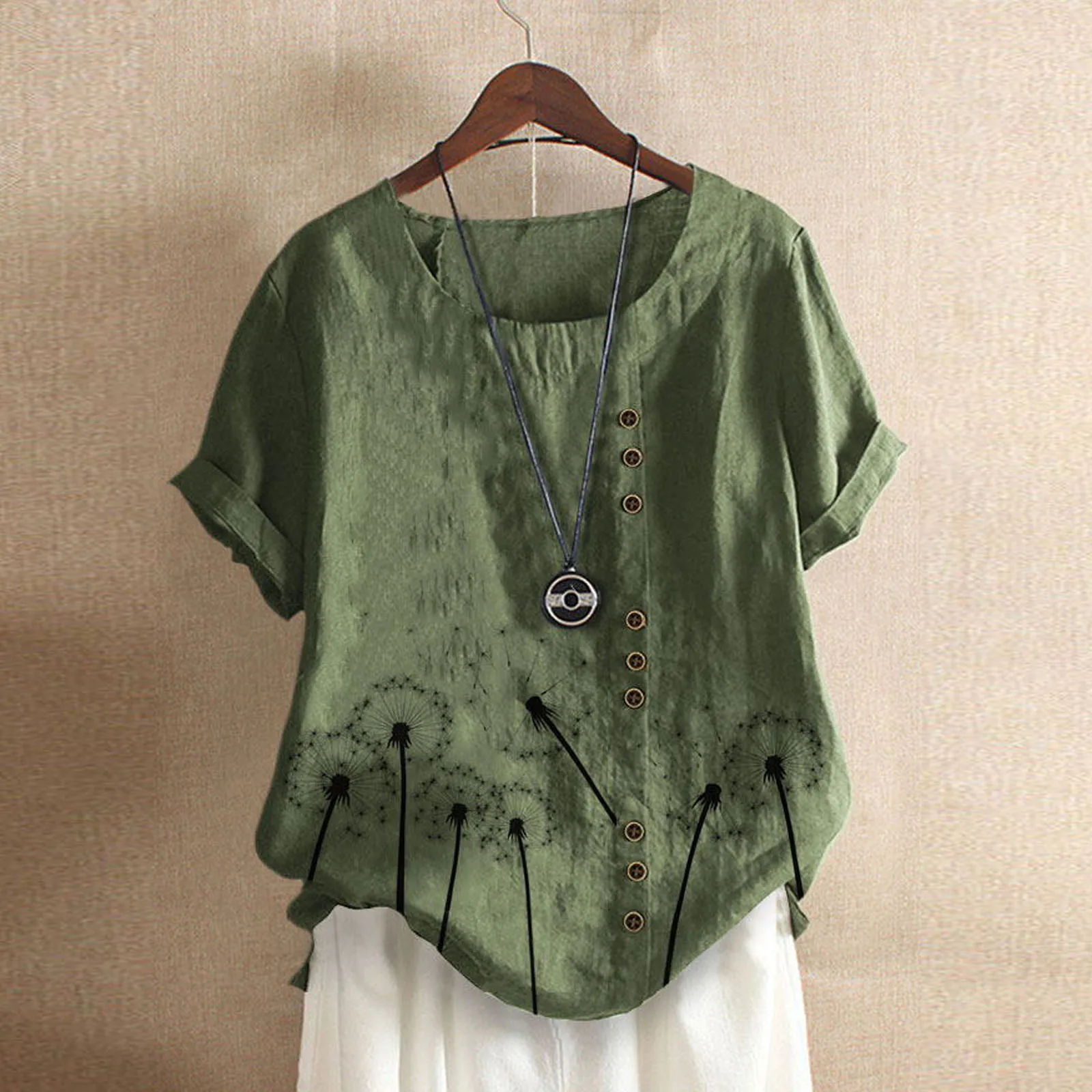

Csaual Bluses For Women Plus Size O-Neck Short Sleeve Print Buttons Cotton Linen Vintage Top summer top Ladies blouses femme tee