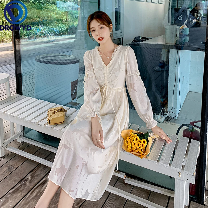 

Женское винтажное платье в стиле бохо, модельное праздничное платье абрикосового цвета с длинным рукавом и V-образным вырезом, длинное шифо...