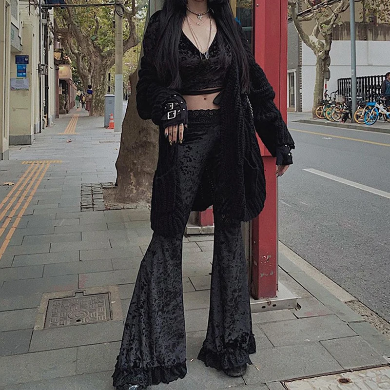 

Women Gothic Dark Black Lace Flare Pants Embroidery Patchwork Trousers See Through Europe Style Casual Bell Bottoms Y2K Clothes