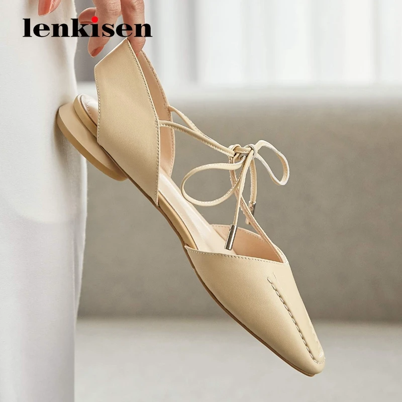 

Lenkisen simple style high quality handmade convenient genuine leather small square toe low round heel lace up women pumps L11