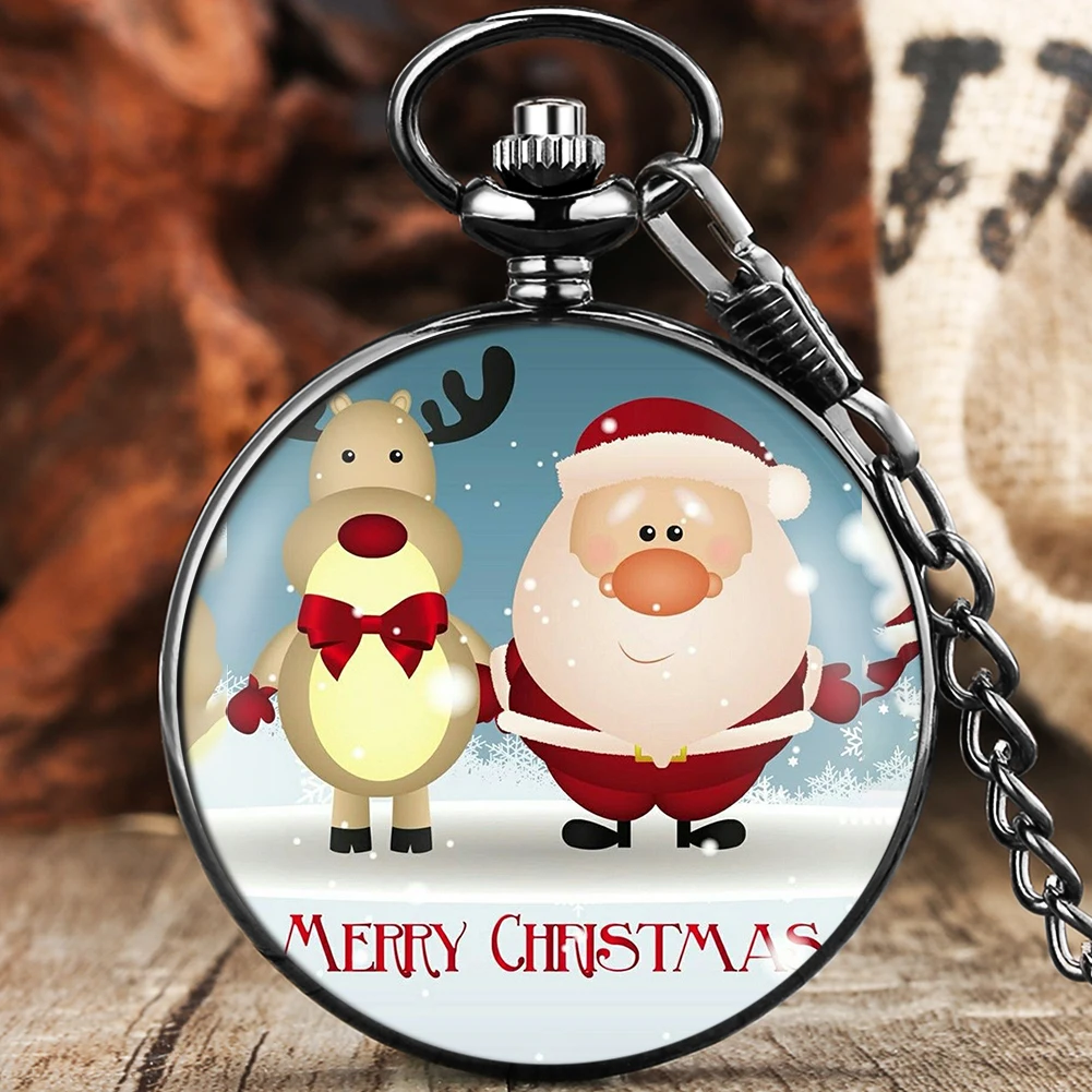 2021 Santa Theme Pocket Watch Women's Cute Quartz Pocket Clock Men's Fashion Alloy Pendant Exquisite Gift Box for Son Child